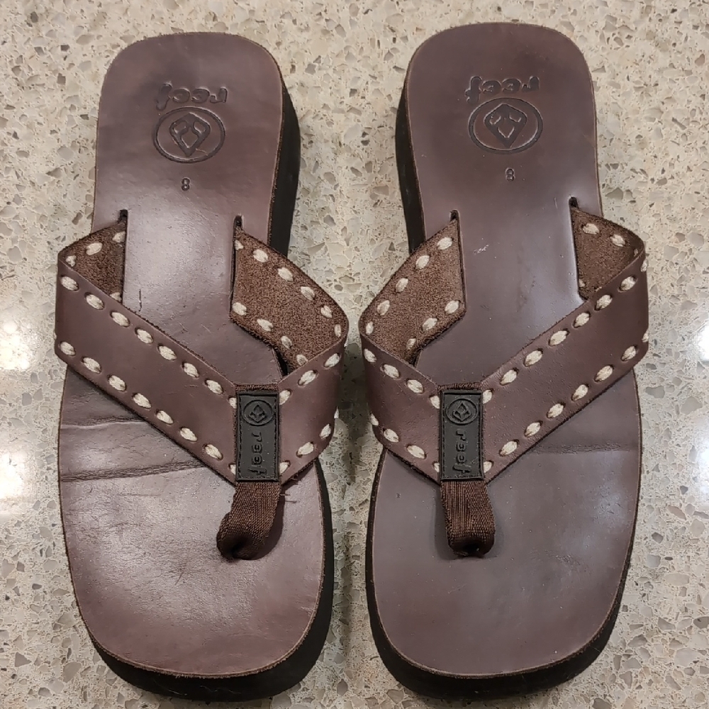 Reef Platform Leather Flip Flops, Size 8
